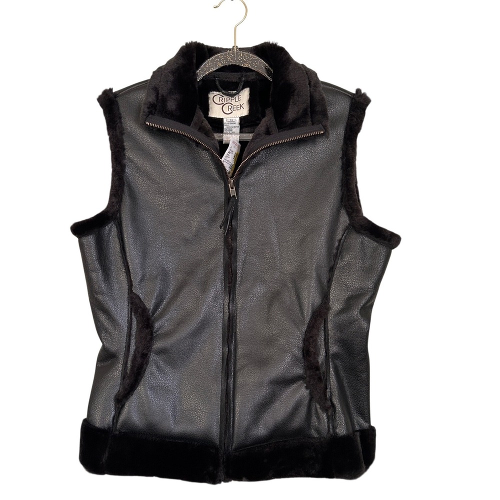 CRIPPLE CREEK Women Black Faux Leather Fur Trimmed Vest Size M
